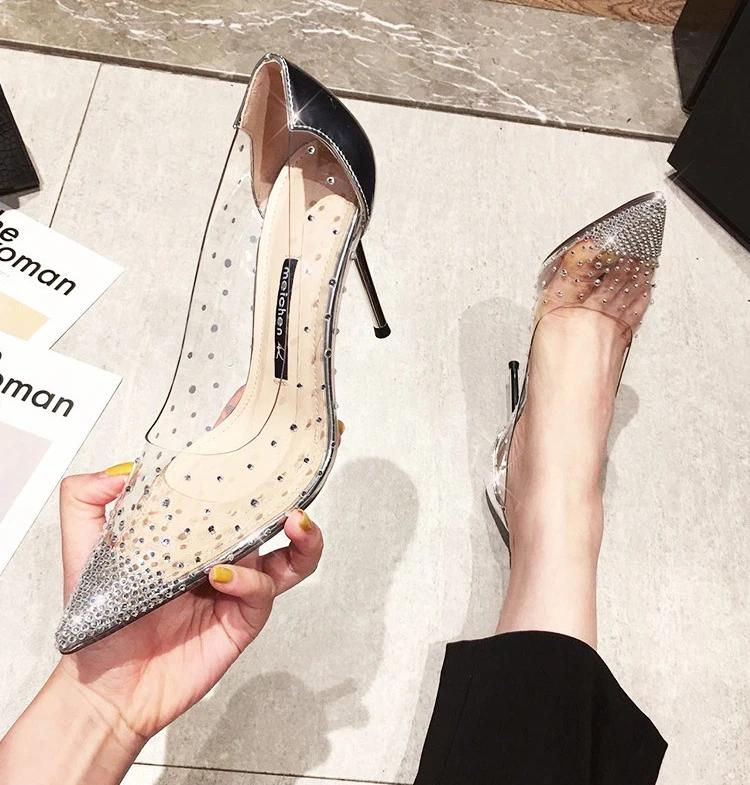 Fashion Wedding Shoes Women High Heels Luxury Rhinestone Women's Pumps Pointed Toe Thin Heels Women Shoes Transparent Crysta Dress Shoes