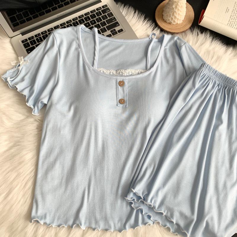 Women's Summer Modal Pajamas with Built-in Bra Pads - 2026 New Style Camisole, Short Sleeve, Lace Shorts Homewear