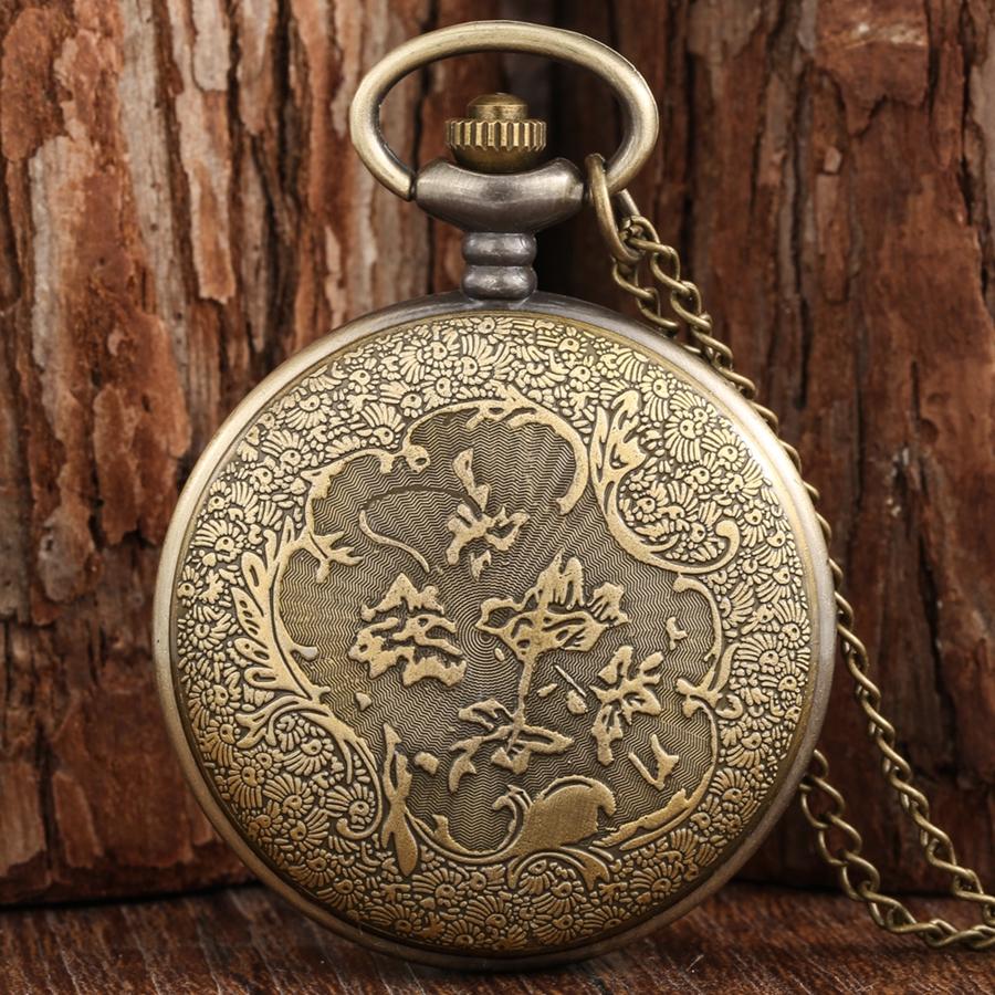 Bronzene Taschenuhr mit Kranich-/Elch-/Elefanten-Tierquarz, rundes Zifferblatt, Taschenhalskette, Anhänger, Pulloverkette, Taschenuhr für Männer und Frauen