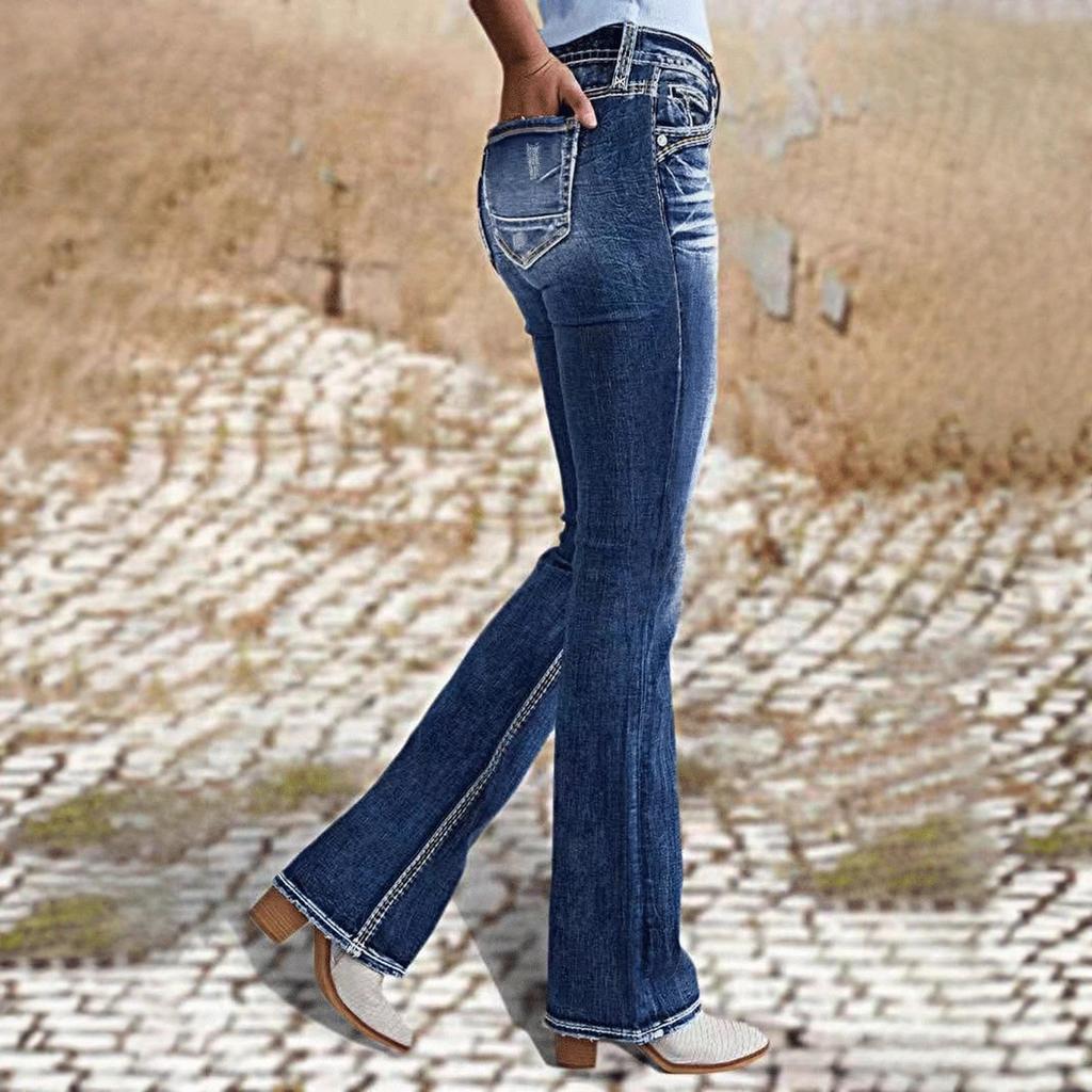 Women Mid Rise Washed Bootcut Jeans Medium Stretch Slim Flared Denim Pants Casual Daily Long Trousers