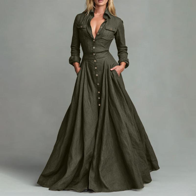 ZANZEA Damska luźna długa sukienka z kołnierzykiem i długim rękawem