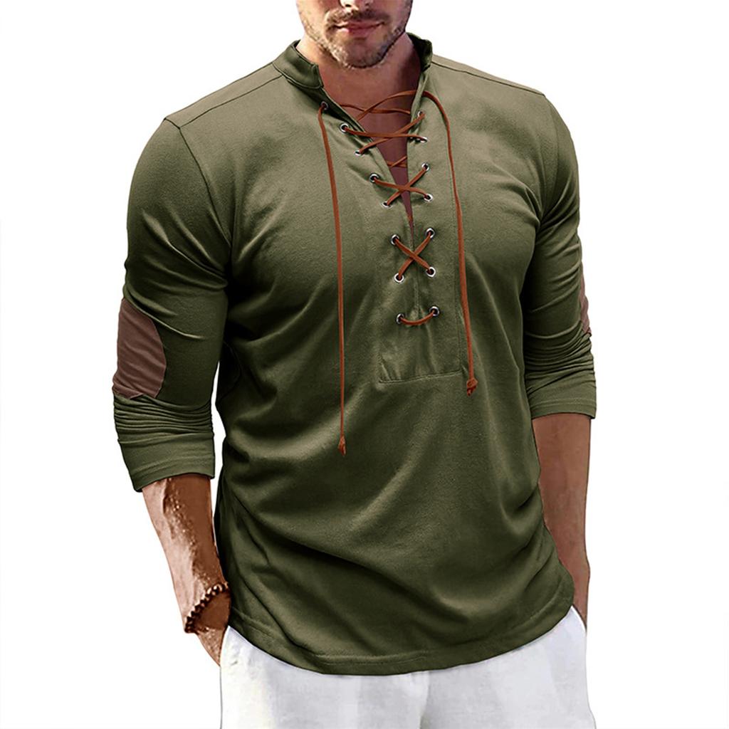 Men's Vintage Outdoor Sports Long Sleeve Top Lace-Up Stand Collar Shirt