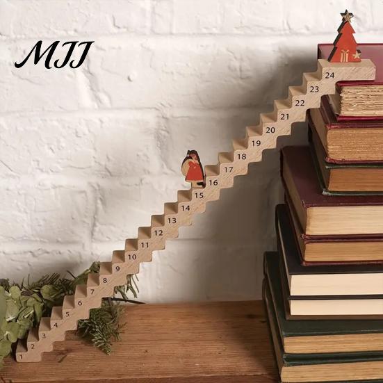 Reusable Wooden Calendar Christmas Staircase Countdown Calendar, Ornament with Santa Claus Gift for Kids Doll, 24 Days Advent Holiday Bookshelf