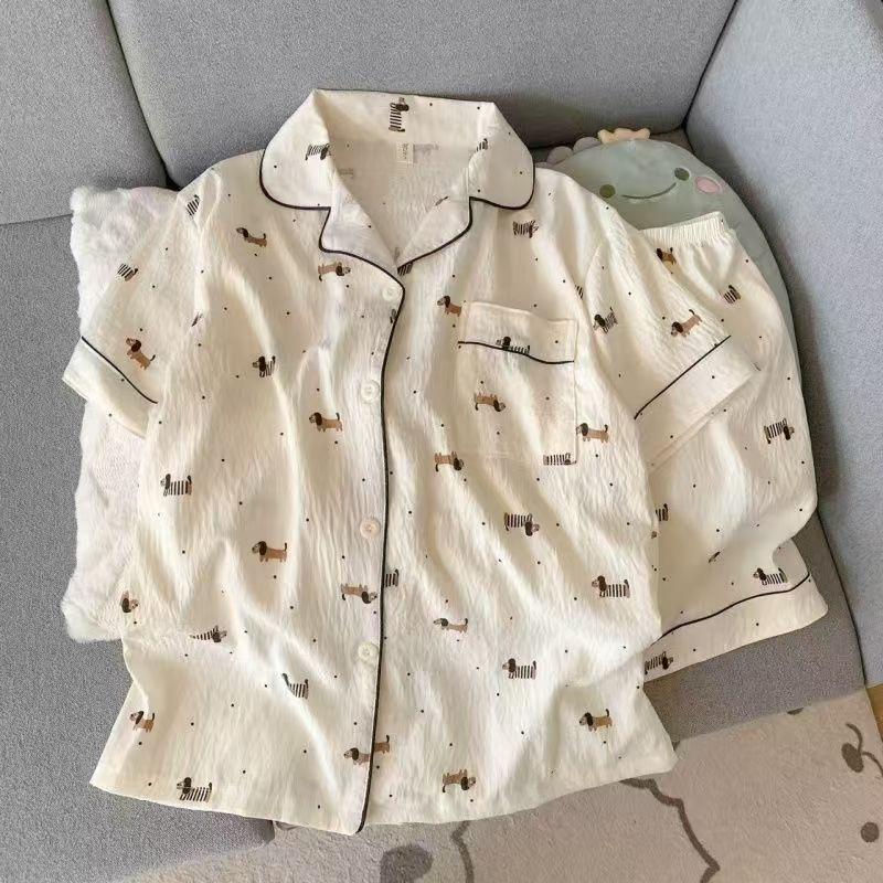 New polka dot sausage puppy pajamas women's summer black edge short-sleeved shorts set soft cute princess style loungewear