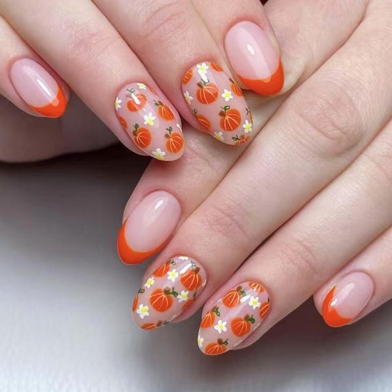 

Pack Of 24 French Autumn Pumpkin Press On Nail Cute Flower Design NoGlue Needed 1