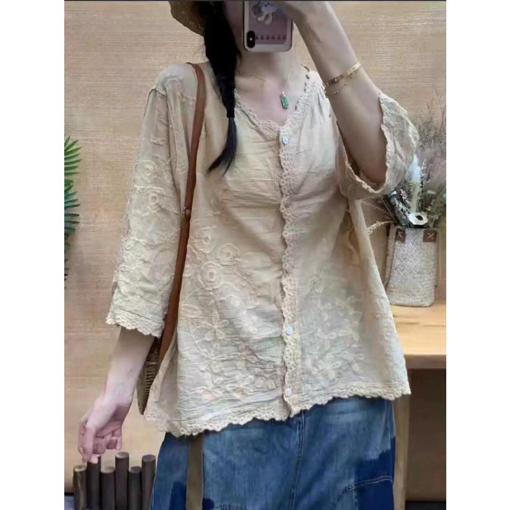 

Нишевый однотонный повседневный универсальный топ на одной пуговице с вышивкой цветов, летняя приталенная литературная рубашка One Size