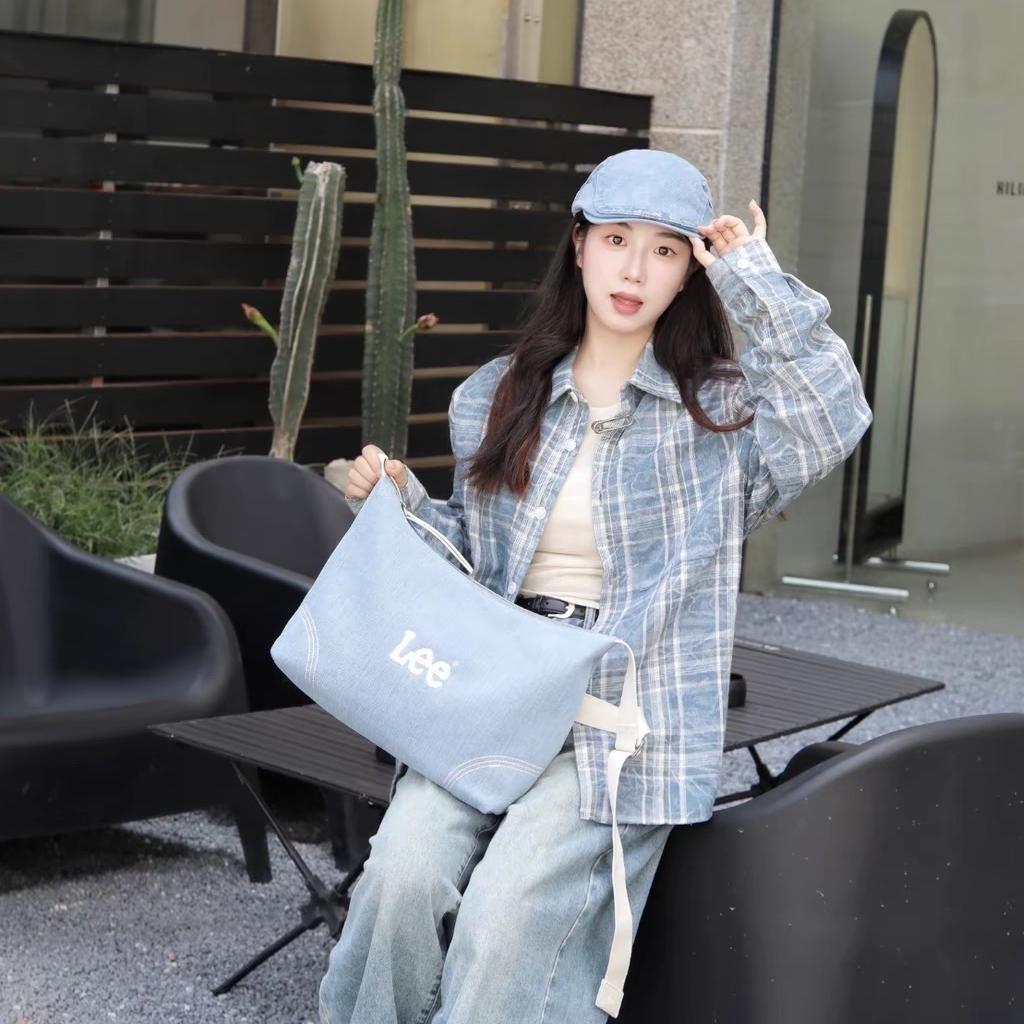 New Lee Fabric+Artificial Leather Crossbody Bags Large Women's Light Denim Blue LE240072M-521