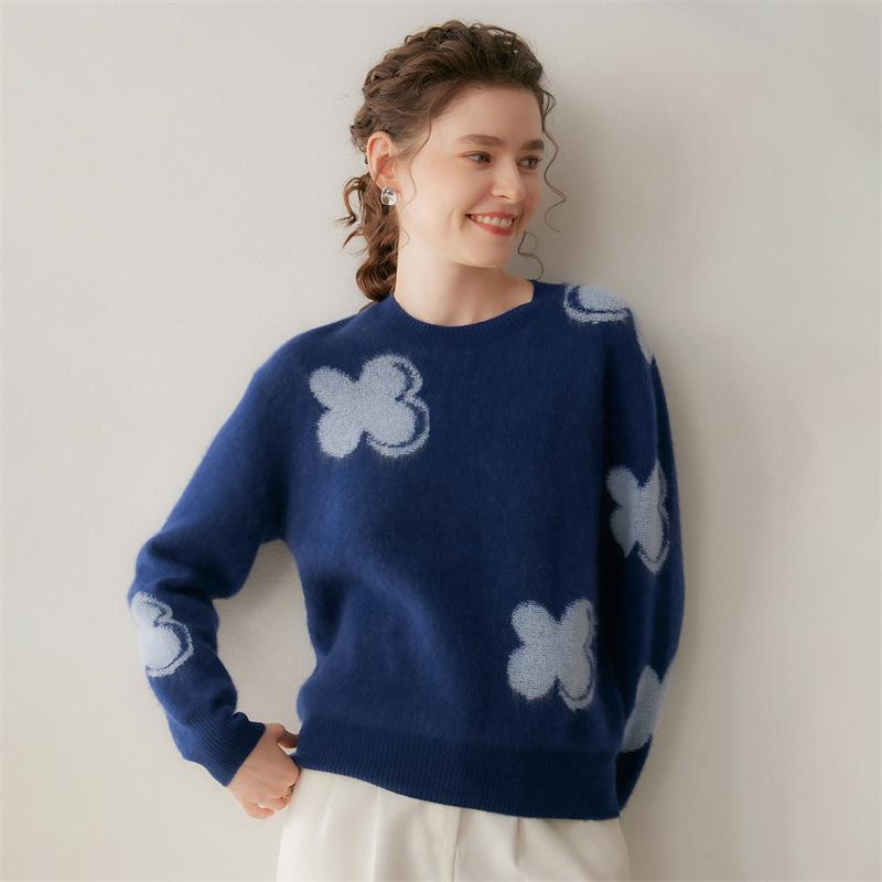 Lekasha Floral Cashmere Knit Sweater - Women's Autumn/Winter Round Neck Loose Fit