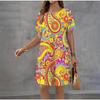 Summer Women Vintage Print Dress Short Sleeve Loose Casual Beach Party Dress