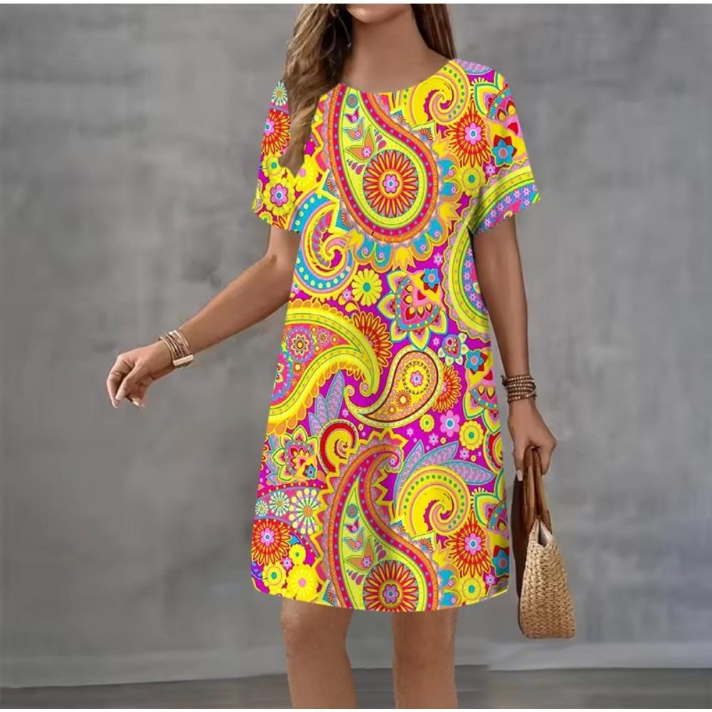 Summer Women Vintage Print Dress Short Sleeve Loose Casual Beach Party dress S