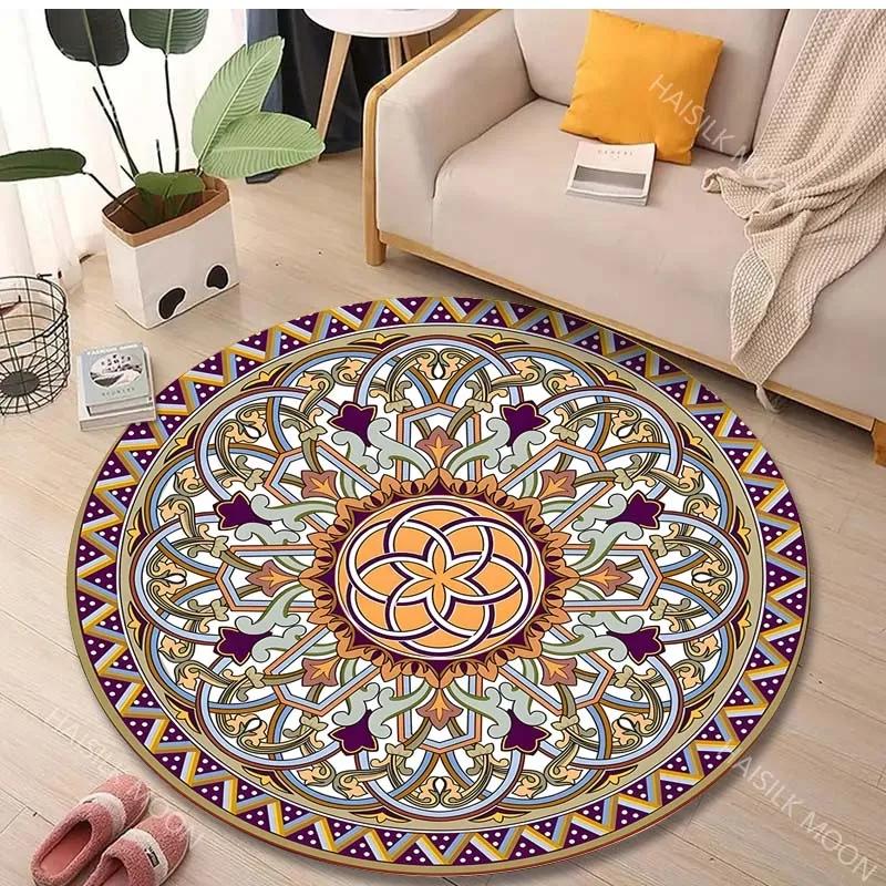 1PC Mandala Print Round Rug Carpets Living Room Chair Home Decoration Children Play Crawling Soft Non-slip Floor Mat Decoration