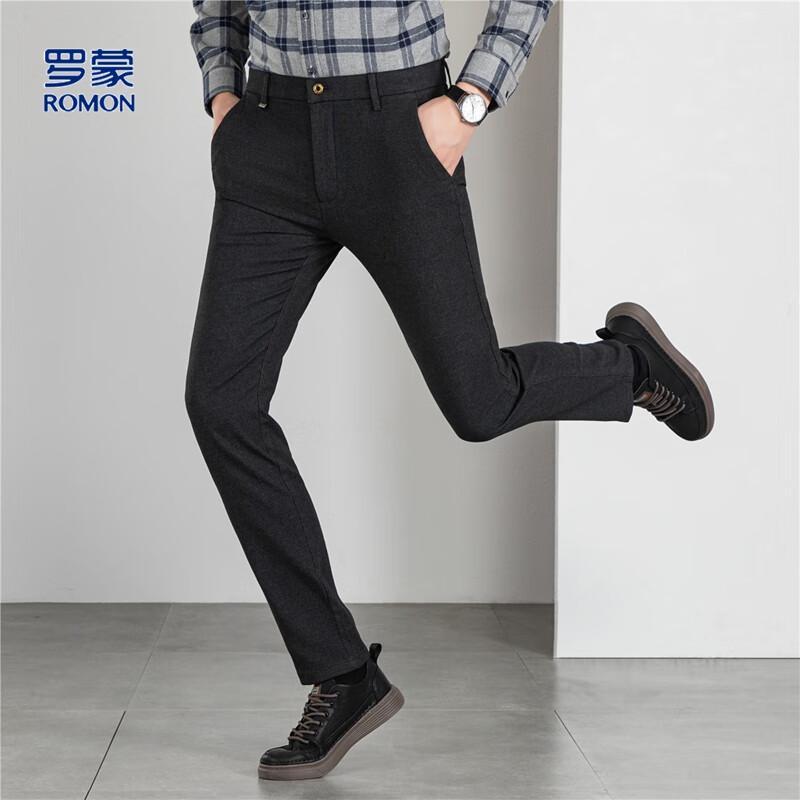 ROMON Men's Wool Blend Twill Straight Leg Business Casual Trousers