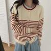 New Striped Contrasting Color Design Round Neck Single-breasted Long-sleeved Loose Knitted Cardigan Basic Coat