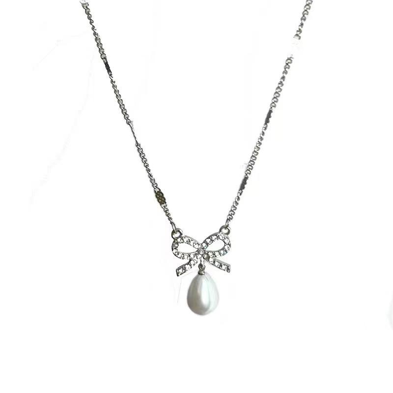 

Bow Water Drop Pearl Necklace Female Gentle Sweet Simple Temperament Daily Versatile Accessories Tide