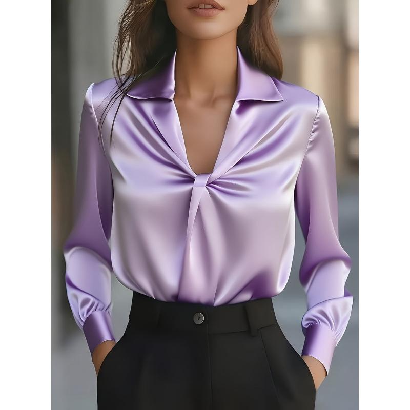 2026 Popular Autumn Fashionable Solid Color Satin Pleated Long-sleeved Shirt for Women