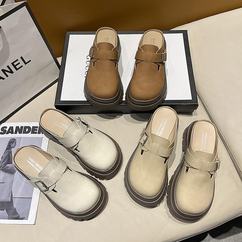 British Style Single Shoes Women's Popular Spring New Bag Head Half Slippers Women's Platform Belt Buckle Fashion Casual Women's Shoes