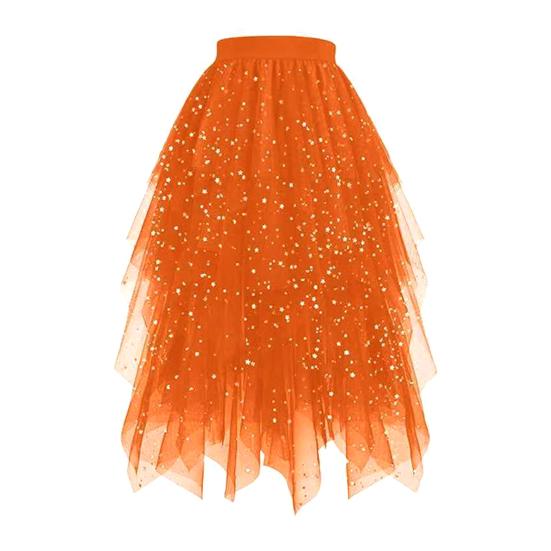 Damenrock Sternenhimmelmuster Doppellagig Mesh Hoher Bund Rock mit unregelmäßigem Saum Asymmetrisch Hoher Schlitz Party Auftrittsrock