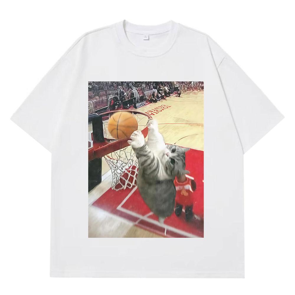 Vintage Funny Cat Dunking Basketball Meme T Shirt Men Women Casual Tshirt Summer Loose Cotton Highquality Oversized Tshirts