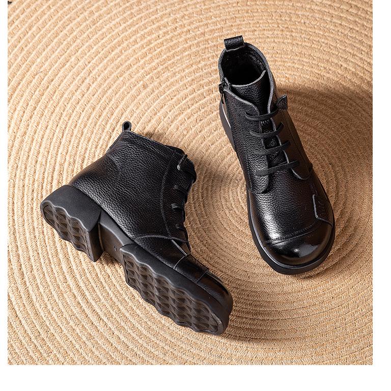 Johnature Genuine Leather Warm Round Toe Soft Soled Short Boots Low Heel Non Slip Casual Women's Shoes