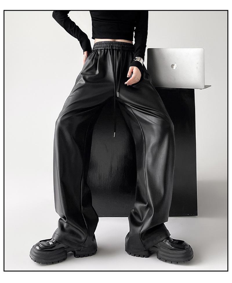 Women's PU Leather High Waist Trousers - Slimming, Versatile, Black with Narrow and Wide Leg Options