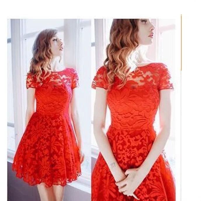 Elegant Blue Lace Trim Round Neck Short Sleeve Dress