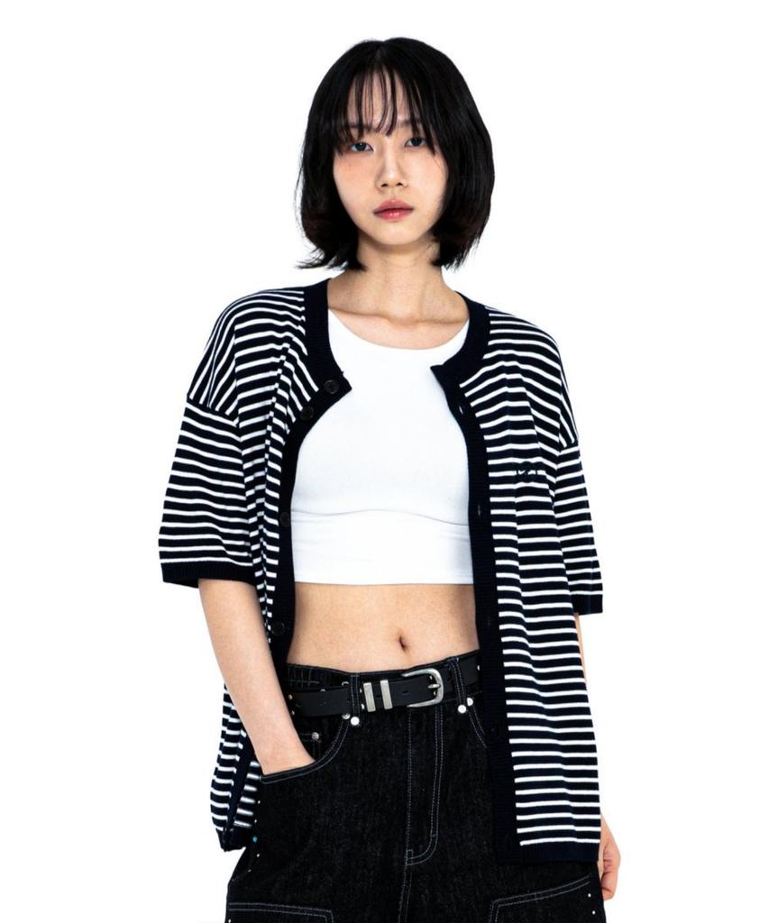XTONZ Xtk182 Round Stripe Crop Cardigan (Navy)