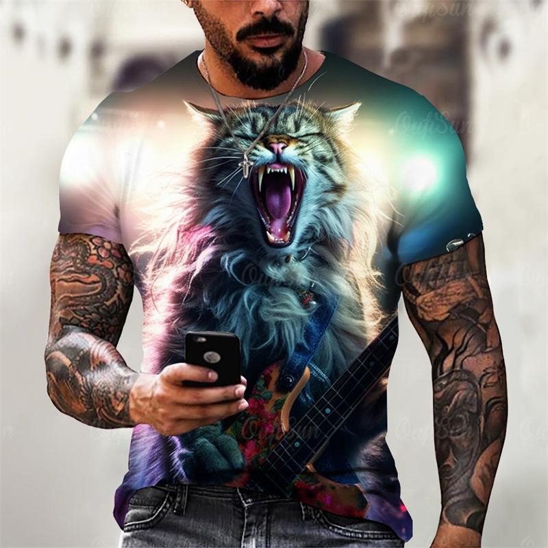Rock Guitar Cat Graphic T-shirt Summer Fashion Short Sleeve Cool 3D Animal Printing Men's T-shirt Casual Street Shirt