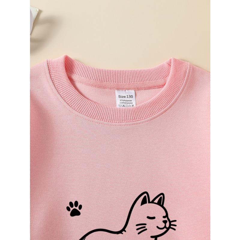 European Sizes Adorable Cat And Paw Prints Sweatshirt for Girls, Crew Neck, Autumn Winter, Long Sleeves, Variety of Colors for Young Girls.