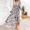 New High-waisted Short-sleeved Women's Clothing, Elegant Printed Lace-up Split-ended Dress