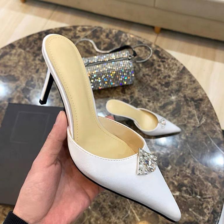 Sun Zhihui Pointed Head Shallow Mouth High Heels Women's Thin Heel Bag Head Drag Square Buckle Rhinestone Sexy Temperament Versatile Half Drag Slipper