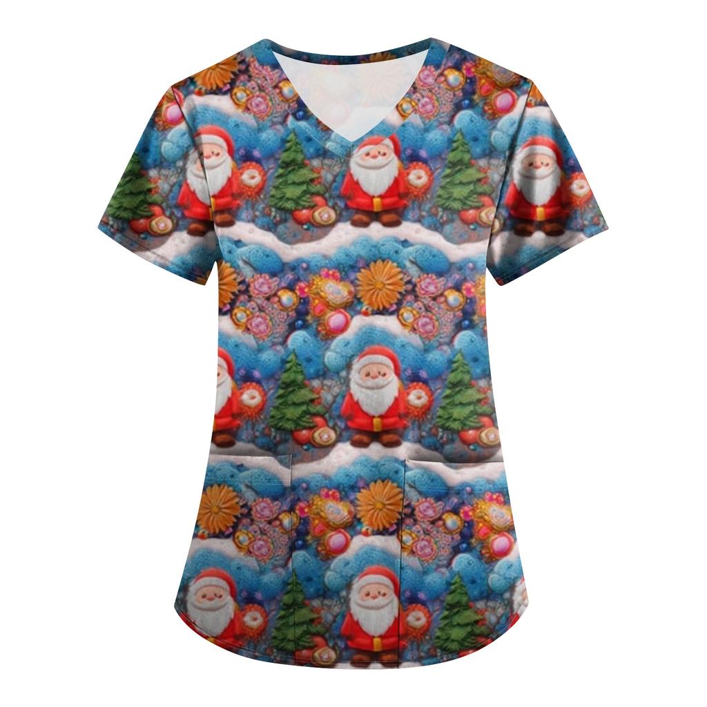 Plus SizePrinted Scrub Working Uniform Tops For Women's Cross V-Neck Print Short Sleeve Fun T-Shirts Workwear Tee With Pockets