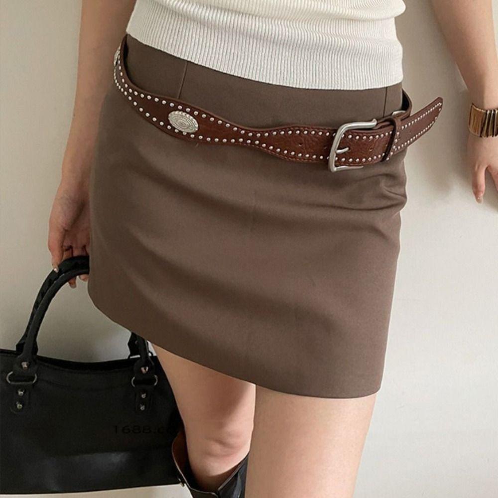 Y2k Wide Leather Waistband Maillard Punk Style Belt Retro Women Rivet Belt  Spicy Girls