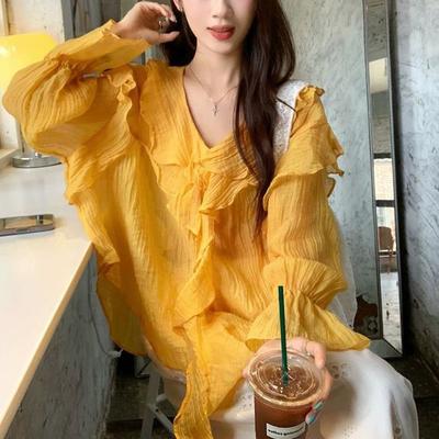 Shirt for Women Summer Oversize Cotton Loose Blouse V Neck Casual Long Sleeve Pullover Soft Loose Shirt Top