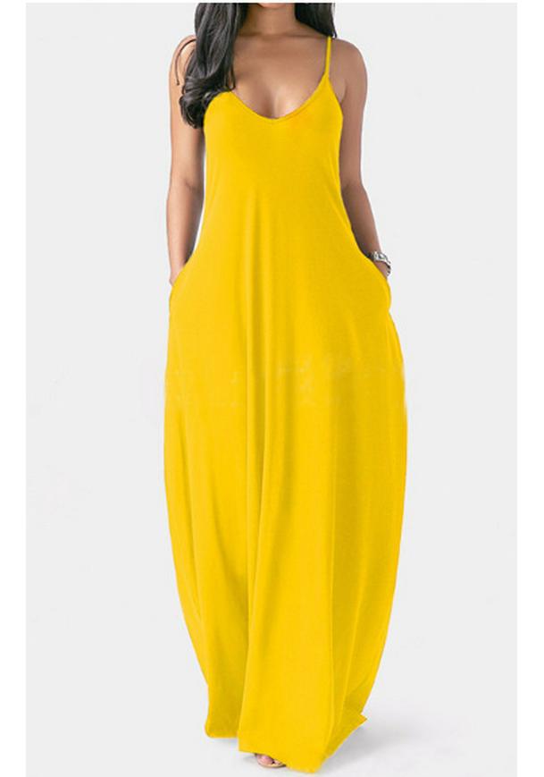2022 European Summer Plus Size Women's Solid Color Deep V Spaghetti Strap Long Dress