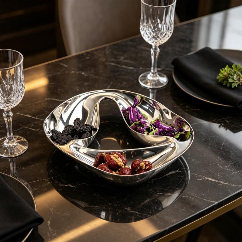 Treat Serving Bowl with Flowing Shallow Profile, Silver-Tone Metal Candy Dish for Dried Fruit, Afternoon Tea, Coffee Tables and Guest Gatherings