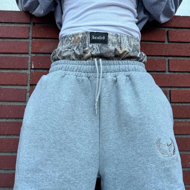 Men Casual Streetwear Unisex Baggy Pants Y2K Retro Sweatpants Double Waisted Embroidered Pattern Wide Leg Pants
