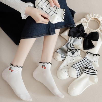 Lace Socks, Women's Ankle Socks, Summer Thin, Sweet and Cute, Black Ear-trimmed Boat Socks, Student Socks
