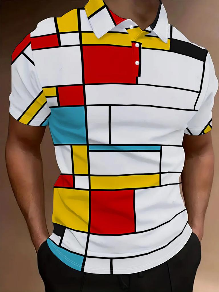 Men'S Short Sleeve Polo Shirt, Flat Digital Print Pattern - No Texture - Red Yellow Blue White Black Geometric Color Block Patchwork Print,