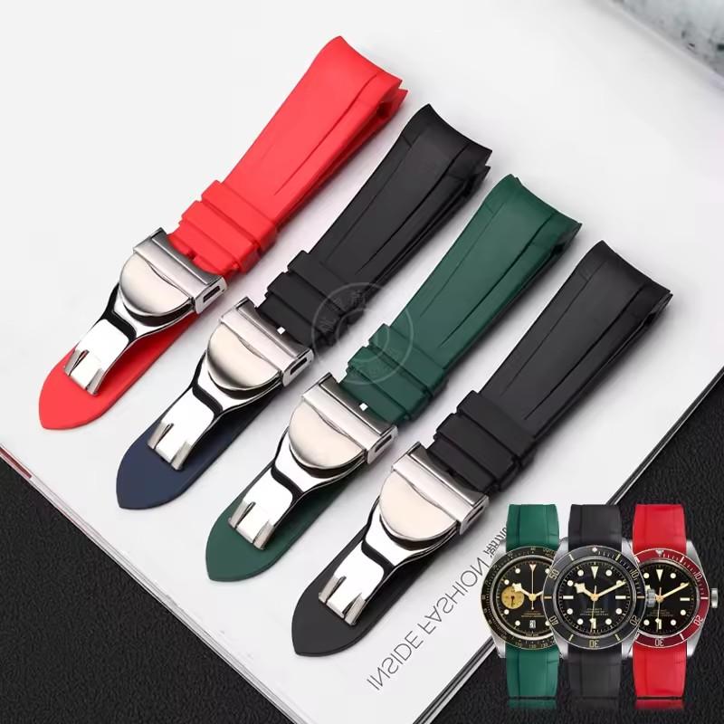 Bracelet de Montre Courbé en Caoutchouc pour Tudor Rudder Biwan Bronze Petite Fleur de Cuivre Fleur Rouge Bracelet de Montre 22mm Bracelet de Montre Étanche