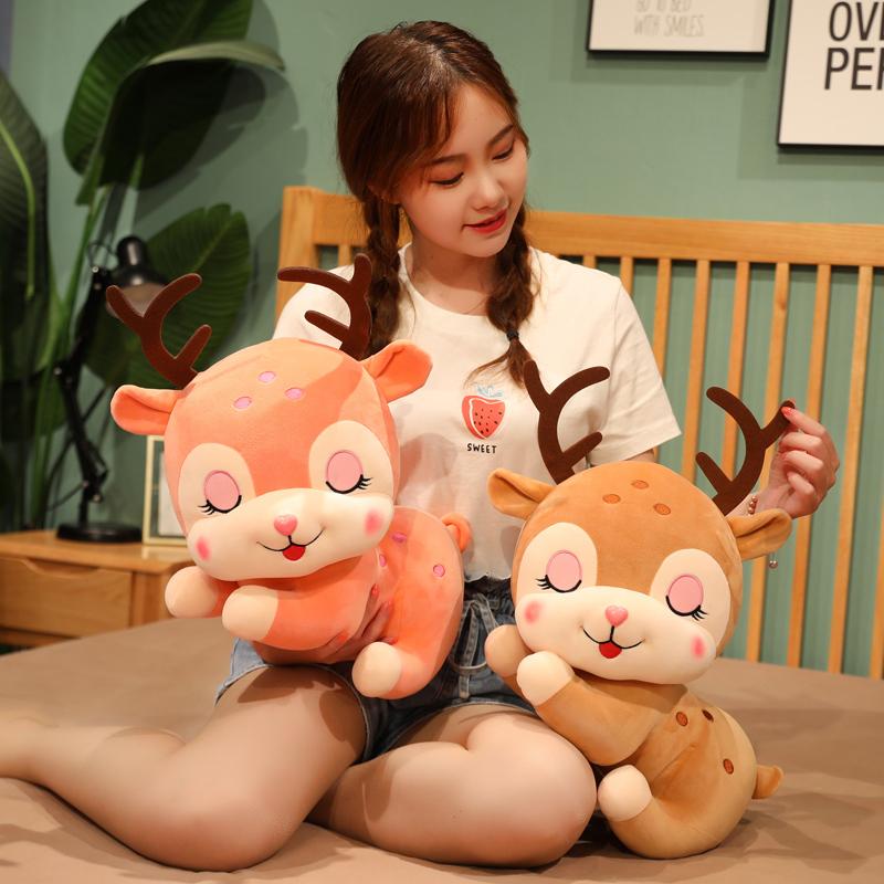 20-40cm Cute Sika Deer Plush Toy Stuffed Lying PillowCartoon Animals Face Soft Sleeping Elk Deer Girls Cushion Christmas Gift