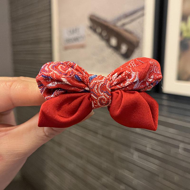 Children's Chinese New Year Red Embroidered Bow Hair Clip & Ties for Hanfu Style