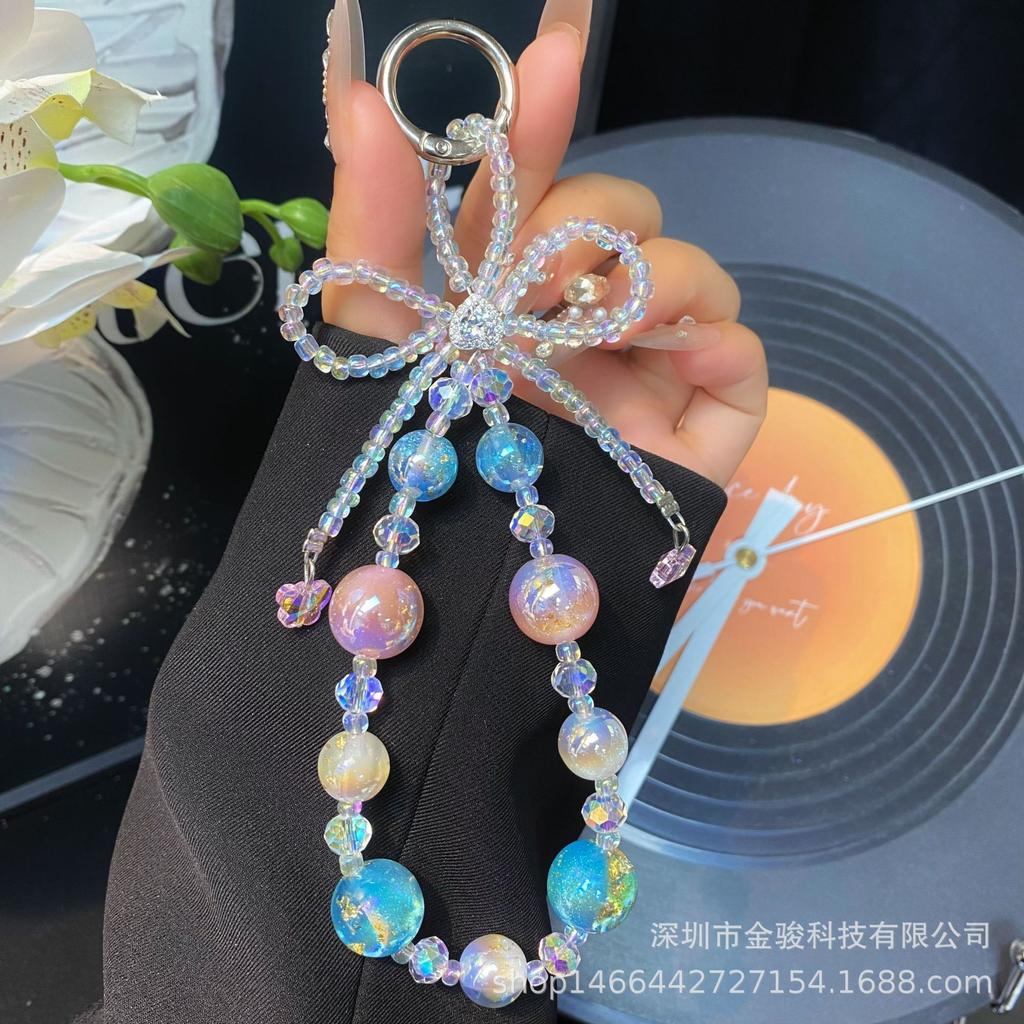 Light Luxury Gold Foil Bead Phone Chain Creative Bowknot Hanging Chain Bag Pendant Fashion Versatile Chain Bead Pendant for Women