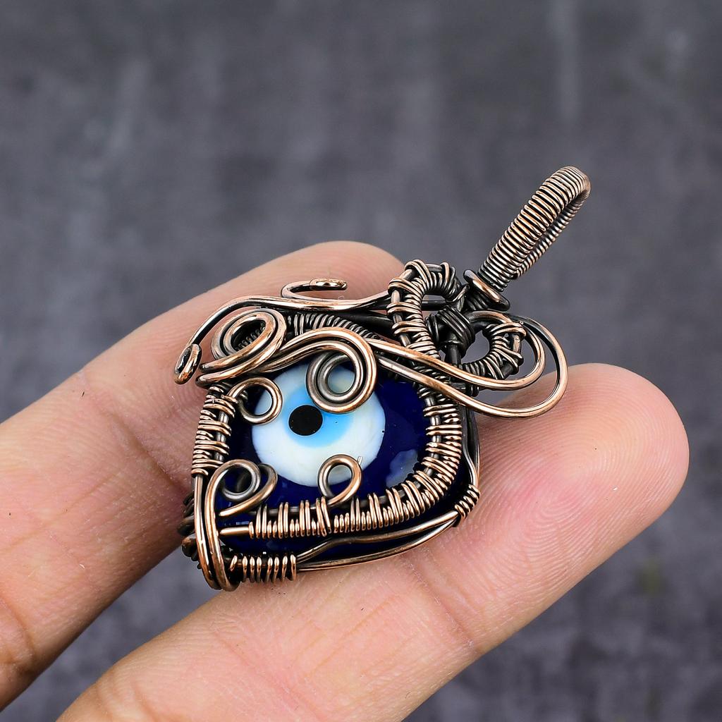 Blaues Böses Auge Handgefertigter Kupferdraht-Wickel Schmuck Anhänger 2.05" O2p74