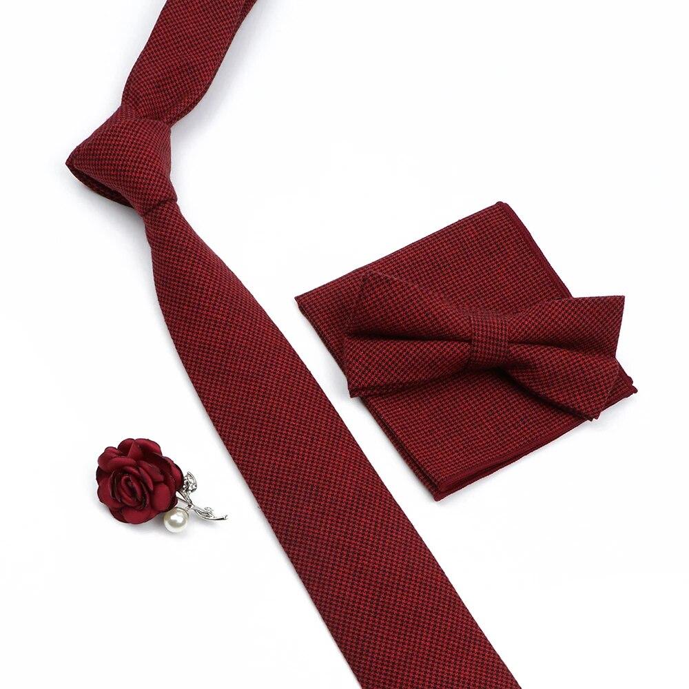 Solid Color Cotton Necktie Set For Men Tie 4pcs Hanky Cufflinks Rhinestone FLoral Brooch Tie Set