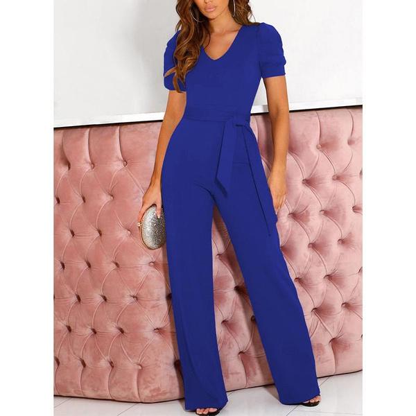 Damen Jumpsuit mit kurzen Ärmeln, V-Ausschnitt, hoher Taille, einfarbig, lässig, weites Bein, mit Gürtel