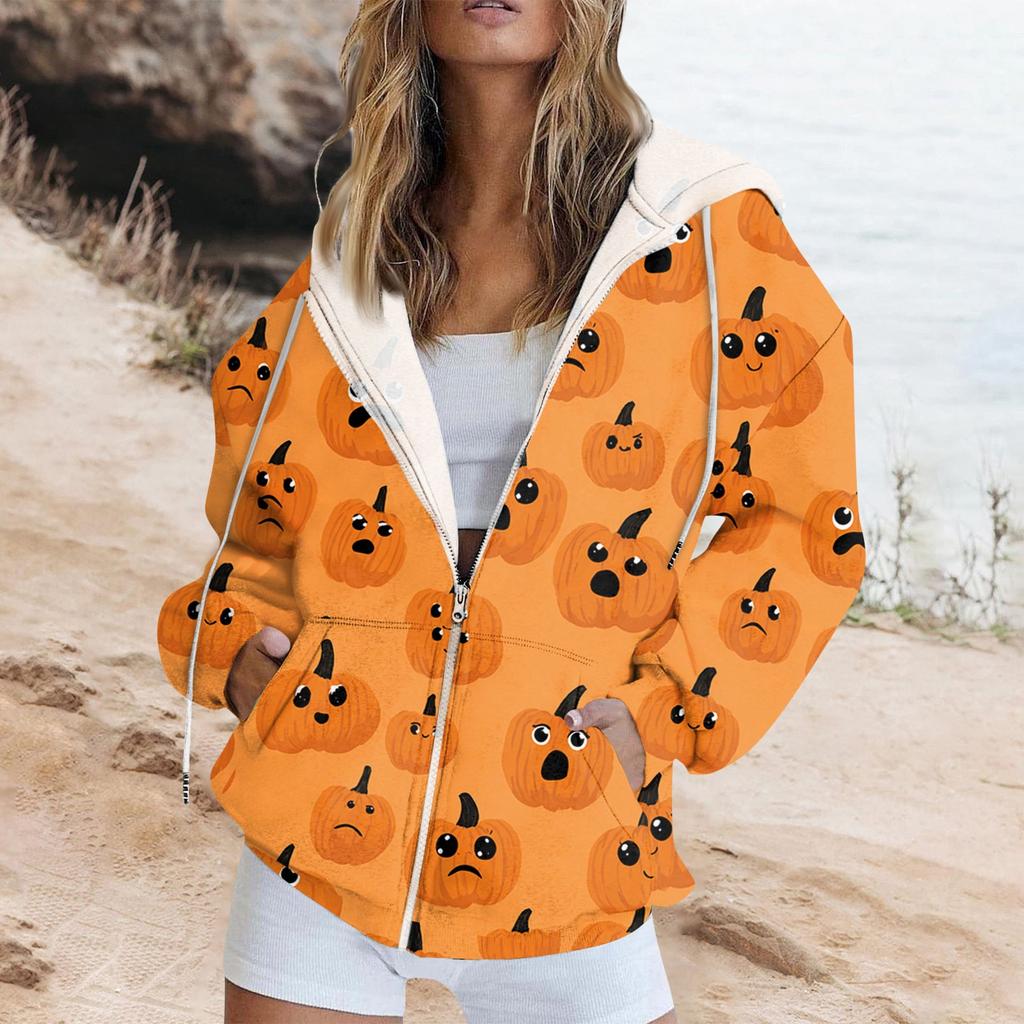 Women's Fashion Casual Halloween Printed Sweatshirt Long Sleeve With Pocket Cardigan Jacket Zipper Hoodie Coat