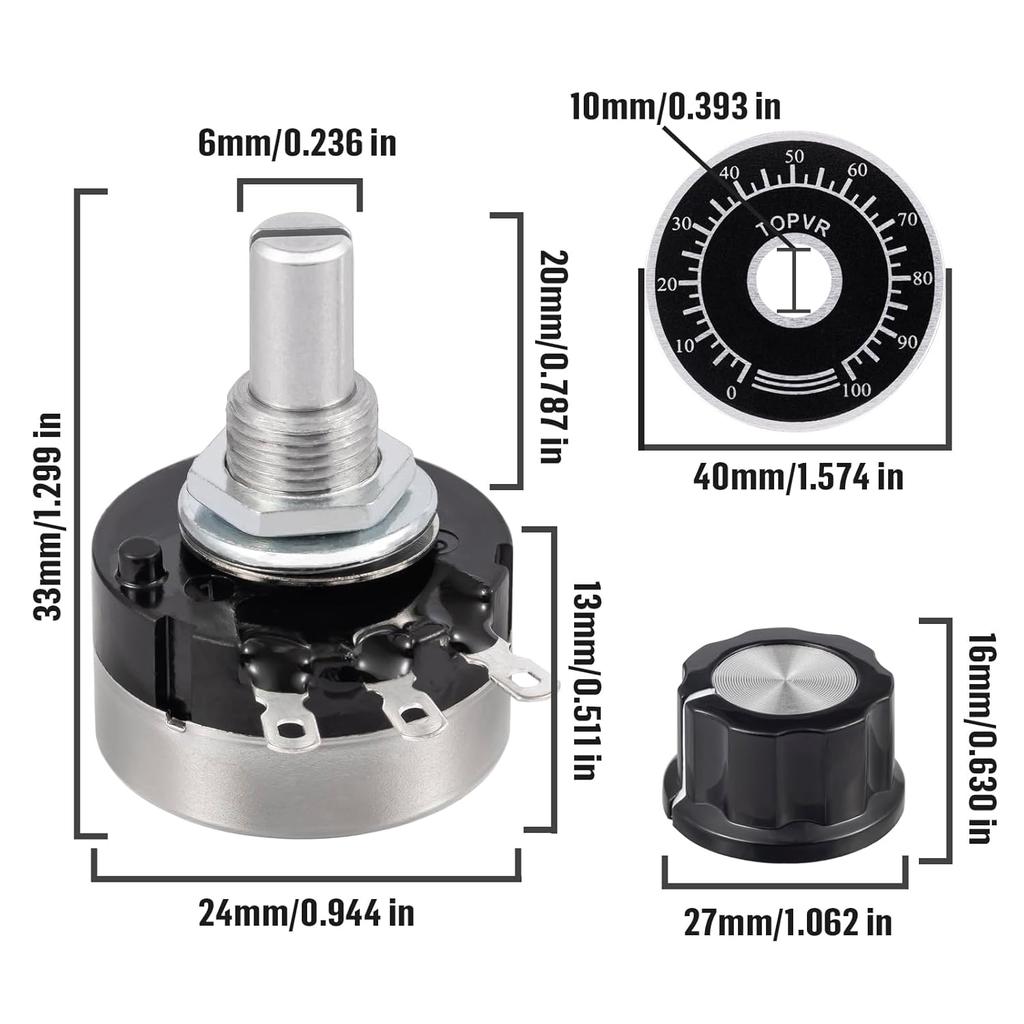 RV24YN20S B202 2K Potentiometer 2000 Ohm Single Turn Rotary Film Carbon Potentometers Wtih 2pcs A03 Knob and 2pcs Dials (Pack of 6Pcs)