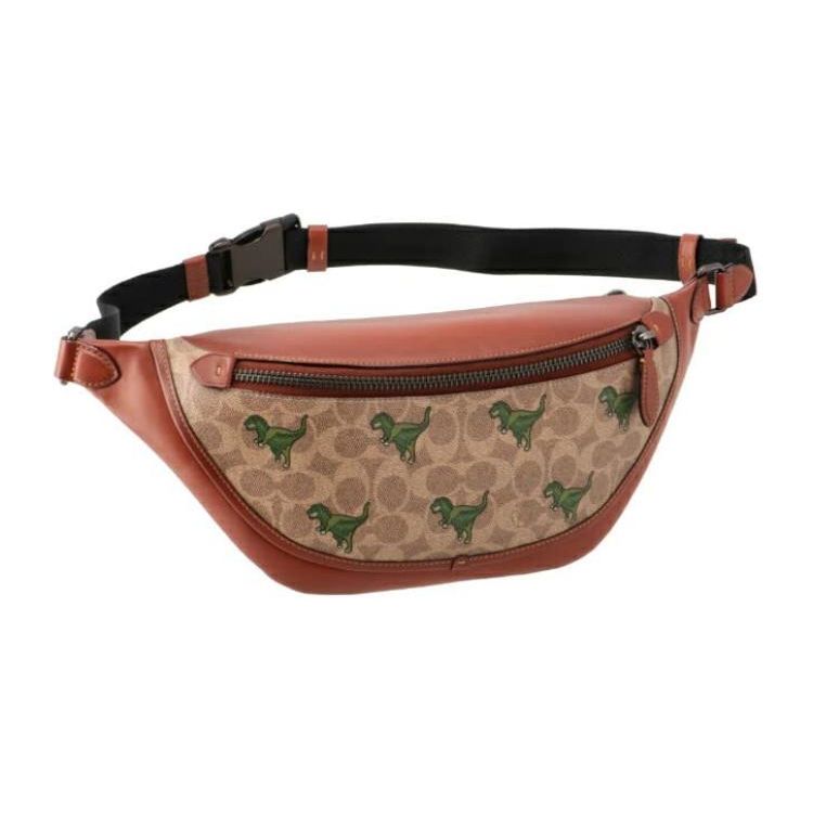Coach League 41 Classic Cartoon Dinosaur Print Zipper Closure Leather Shoulder Crossbody Chest Waist Bag Large Men Bags Brown-Yellow Rust CF078-NU3