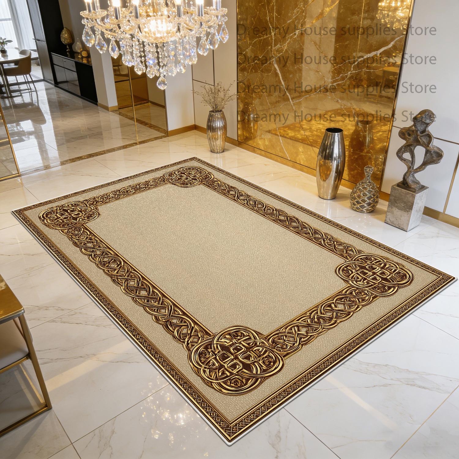 Luxe Gouden Tapijt Retro Frame Design Woonkamer Antislip Vloerkleed 200x300 Opvouwbaar Slaapkamer Garderobe Decoratie Vloermat 2.6x3.9ft(80x120cm)