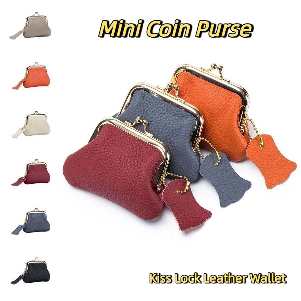 Cow Leather Kiss Lock Leather Wallet Keys/Lipsticks/Earphone Small Item Bag Mini Coin Purse  Women